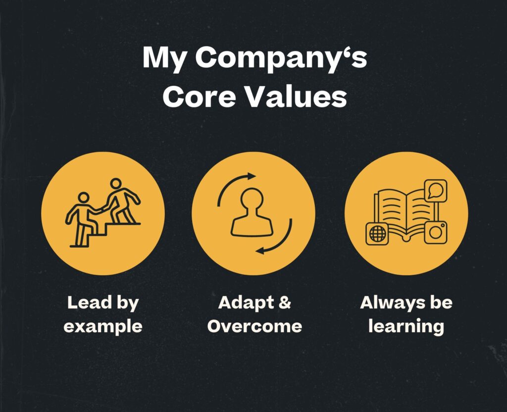 company core values - lead by example, adapt and overcome, always be learning